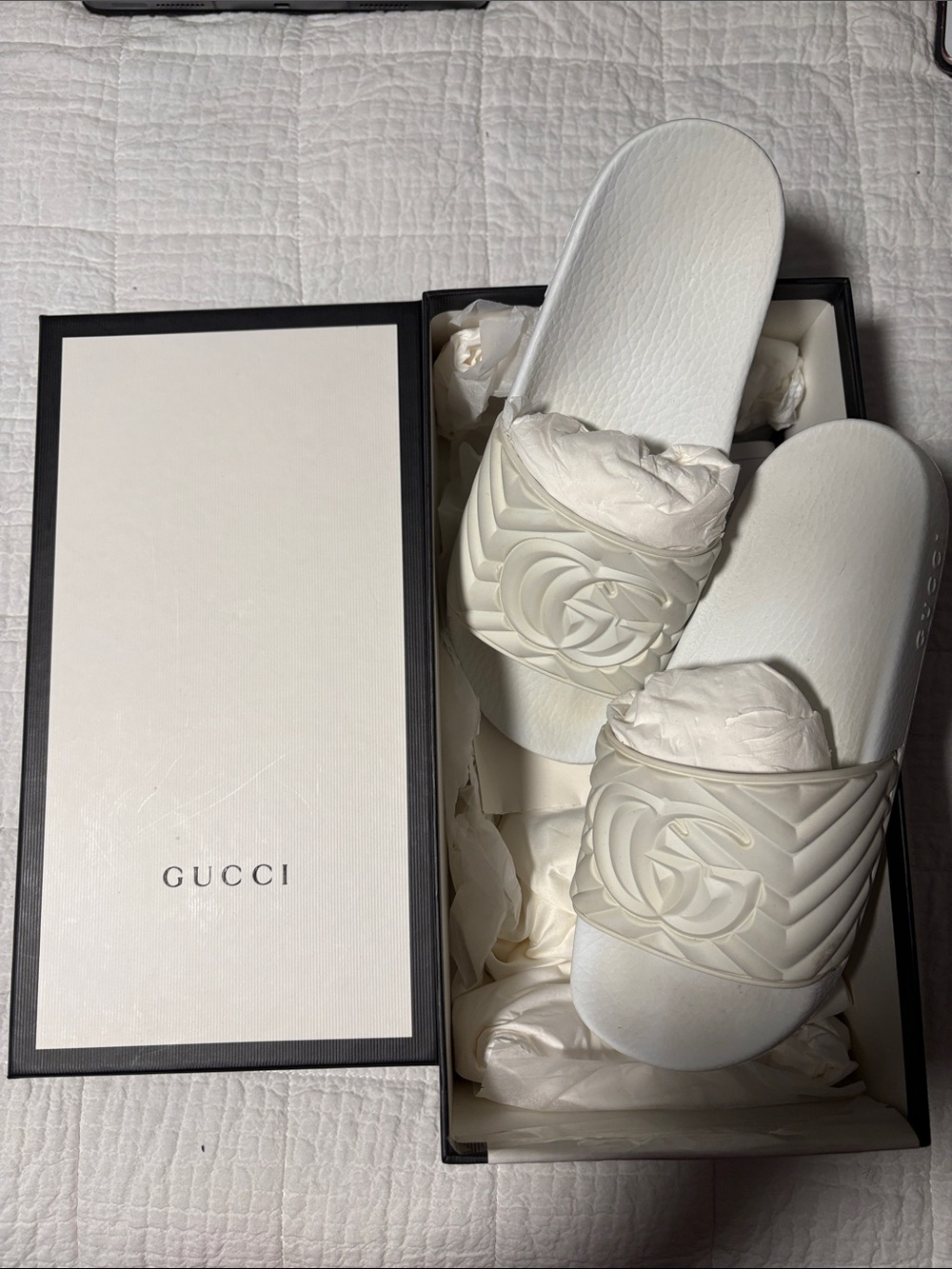 Gucci Quilted White GG Rubber Embossed GG Slide Sandals
